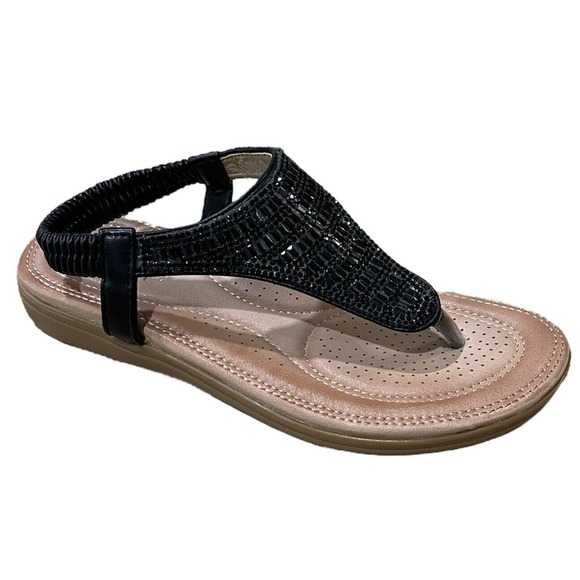 Super Women Italian Leather Size 37 Black Jewel Cushion Comfort Sandals - Picture 2 of 8